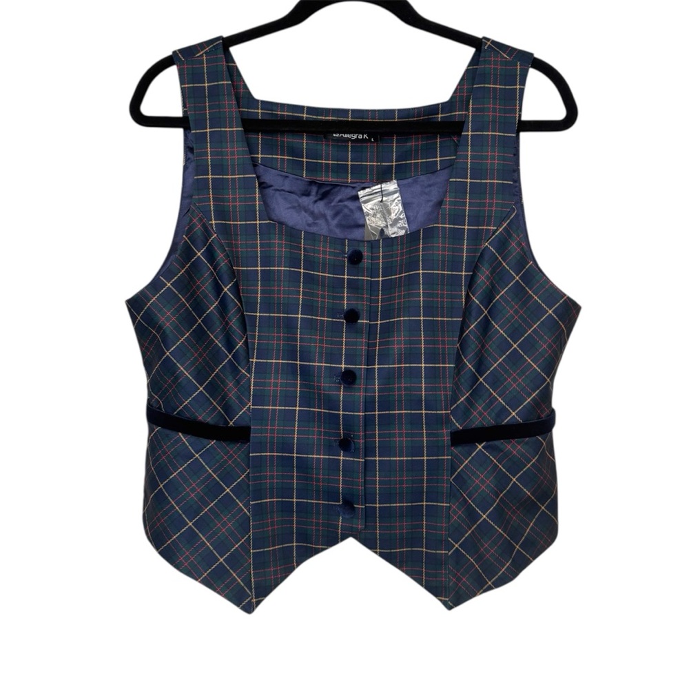 Allegra K‎ Plaid Button Down Vest Navy Blue & Green